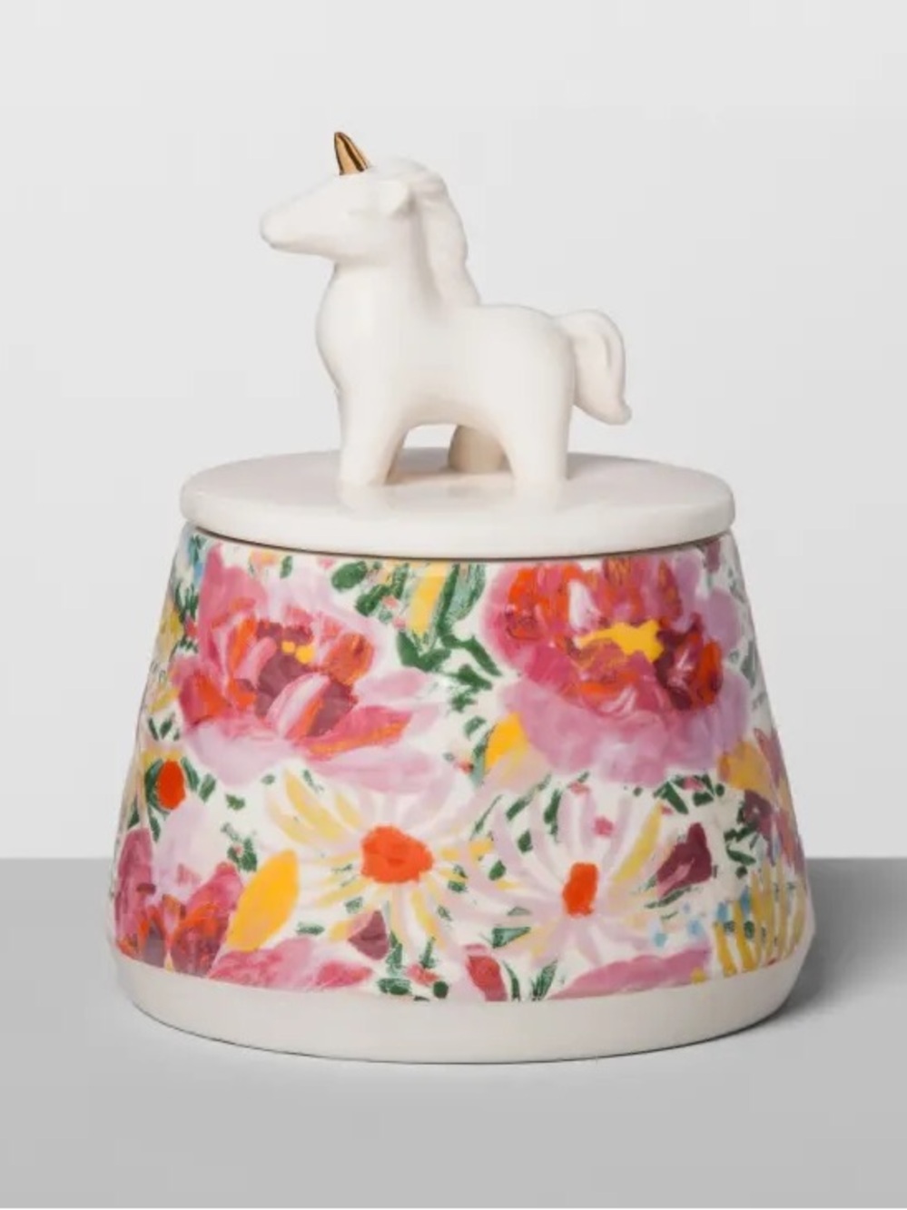Opal House Floral Ceramic Jar with Unicorn Lid - Pink, White, Yellow